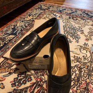 Clarks Dark Leather Loafers with Tan Soles